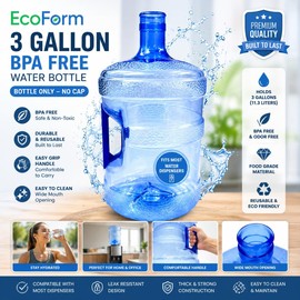 EcoForm 3 Gallon Water Jug with Silicone Cap - Reusable Refillable BPA-Free Water Bottle for Dispensers, 55mm Crown Top, Airtight Non-Spill Seal, Easy-Carry Handle, PET, Made in USA
