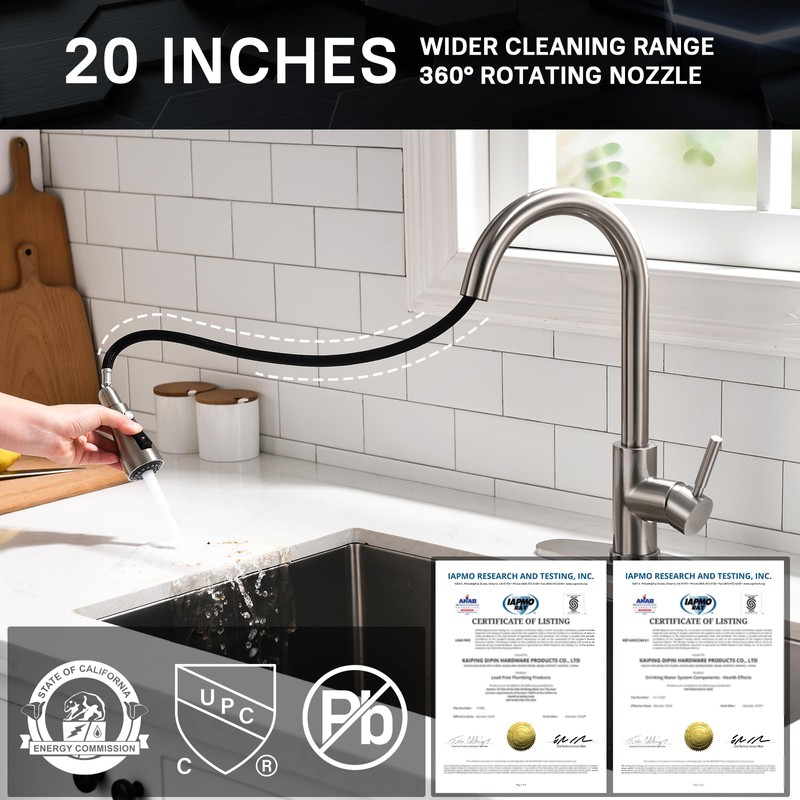 WEWE Single Handle High Arc Brushed Nickel Pull Out Kitchen