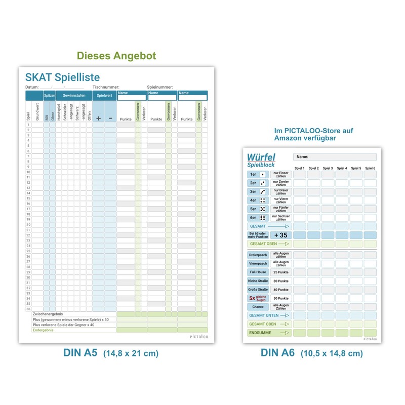 PICTALOO Skat Pad DIN A5, Easy to Read and Clearly