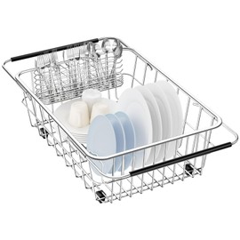 YZPGBT Large Dish Drying Rack in Sink Expandable, Adjustable 304 Stainless Steel Metal Dish Drainer Rack Organizer with Stainless Steel Utensil Holder Over Inside Sink Counter, Rustproof
