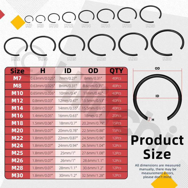 Hilitchi 322PCS 14 Sizes 65Mn Steel Round Wire Snap Rings
