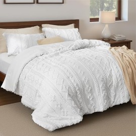 3-Piece Elegant Tufted Farmhouse Boho Comforter Set Full Size Pretty Bright White Color | Eclectic Bohemian Plain Weave Geometric Patchwork Pattern | 3D Textured Durable Soft Shabby Chic Bedding Set