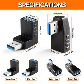 KUOQIY 4 pieces USB 3.0 angle adapter, 90° angle adapter, USB 3.0 male to female angle adapter, USB angle plug coupling, USB angle adapter right/left/top/bottom