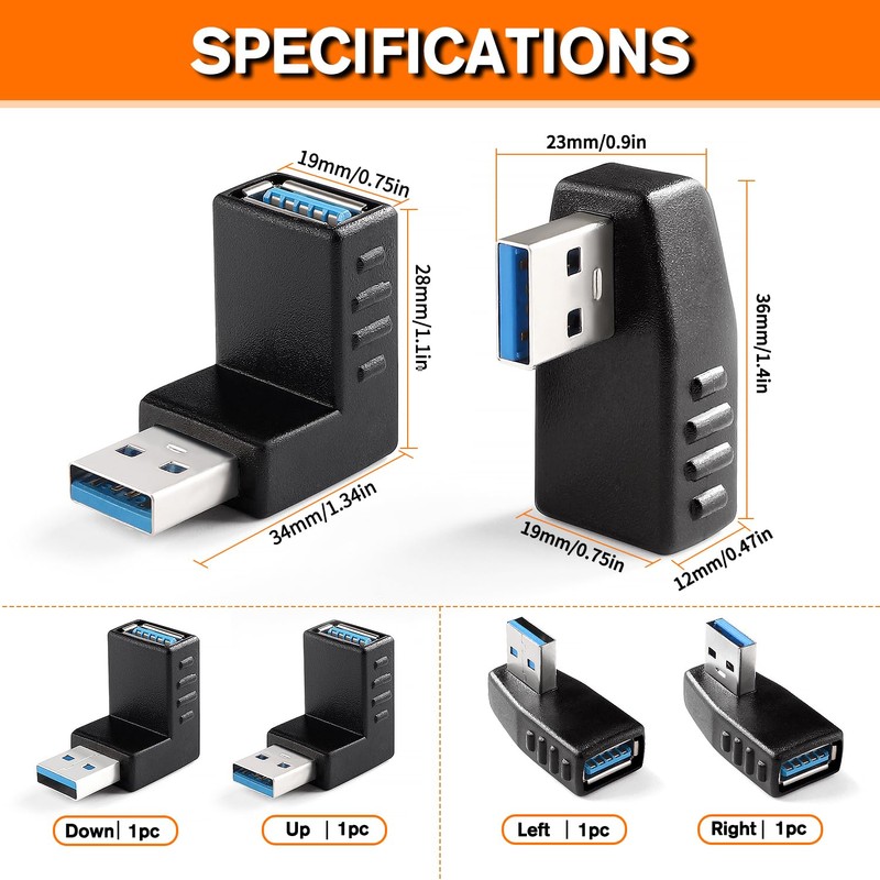 KUOQIY 4 pieces USB 3.0 angle adapter, 90° angle adapter,