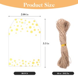 50pcs Gift Tags with String Attached, 3.3x2.1In Gold Foil Dot White Blank Gift Tags with String for DIY Craft Candy Bags Cookie Pouch Party Wedding Christmas Favor Present