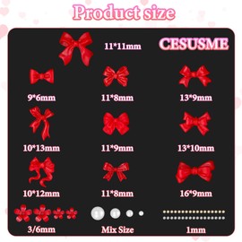 450 Pcs 3D Red Nail Bows Charms for Nails, Acrylic Flat Back Flower Tie Bow Nail Art Charms, Cute 2-5 mm Half Round White Pearls Nail Charms for Nail Art Jewels Design DIY
