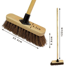 10” Outdoor Yard Broom with Wooden Handle Stiff Bassine Hard Bristle Broom with Durable Support Bracket Garden Brush Heavy Duty for Driveways, Sidewalks, Patios and Deck (PACK OF 2)