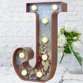 LED Marquee Light Up Letters Industrial Vintage Style Lighted Letters Rust Metal Effect Marquee Letter with Lights Illumination Letter Signs for Christmas Wedding Birthday Party Home Cafe Bar Decor-J