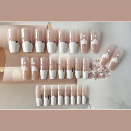 Crymystal Square Press on Nails Solid French Medium Full Cover Fake Nails Sequins Design Artificial Acrylic Heart False Nails for Women DIY Autumn And Winter Nail Decorations 24PCS