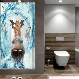 Grtuspr Cat Shower Curtains for Bathroom, Funny Brown Cat Riding Shark Blue Ocean Theme Shower Curtain Set for Men Boys, Cute Cute Cool Blue Bath Curtain Sets with Hooks for Kids Room Decor