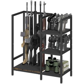 Mondazie Gun Rack, Floor Standing Rifle Stand with Pistol Shelves, Vertical Shotgun Storage Holder Display Racks Indoor with Padding for Home or Garage, Hold up to 5 Long Guns and 10 Handguns, Black