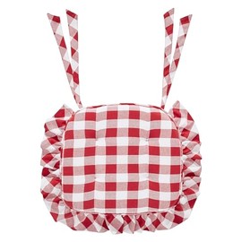 VHC Brands Farmhouse Country Annie Buffalo Check Red Ruffled Chair Pad with Fabric Ties 16.5x18