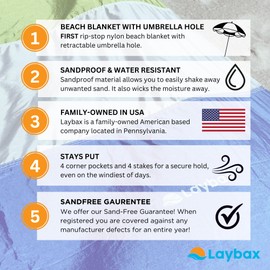 Laybax Blue Beach Blanket with Umbrella Hole 7ftx5ft- Water Resistant, Sandproof, Lightweight, Rip-Stop Nylon with Umbrella Hole & Sand Pockets, Camping Essentials, Beach Canopy Compatible