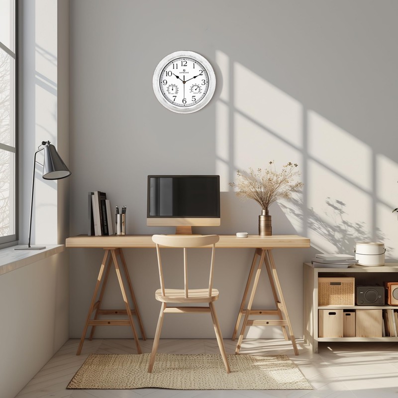 Lafocuse White Outdoor Wall Clocks Waterproof for Patio with Thermometer,