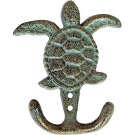 CTW Home Collection Cast Iron Sea Turtle Double Hook Cast Iron Hooks Bronze with Green Verdigris Patina Great Gift 3.5" W X 4.5" H (Turtle Hook, 1PC)