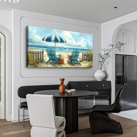 KVTM Beach Wall Art, Blue Ocean Wall Painting Beach Chair Sailboats Prints Seascape Print Decor Ocean Coastal Scene Painting Seaside Sea Wave Grass Artwork for Bathroom Living Room 16"x32"