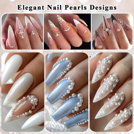 3 Boxes Nail Charms Jewels Manicure Kit, Gold Silver Mini Metal Caviar Nails Beads Studs, White Round + Half Round Pearls, Flatback Glass AB + Clear Nail Art Rhinestones with Dotting Tools