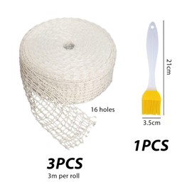 Pack of 3 16-hole barbecue nets, 1 grill brush, elastic grill net, white ham net, meat rolls binding net, used for grilling, ham, meat rolls (one roll 300 cm)