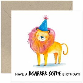 Fun Birthday Cards for Children, 'Roarsome' Lion Artwork Design, Cute Colourful Animal Artwork for Young Boy or Girl, Age 1 2 3 4 5 6, Jungle Theme Bday Card for Kids Party