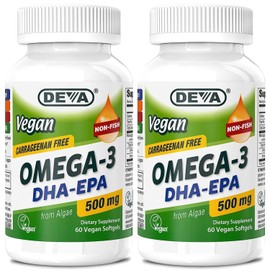 DEVA Vegan Omega-3 DHA-EPA 500MG 2-Pack – No Carrageenan, Non-Fish Oil Derived from Algae, Non-GMO, 60 Gelatin-Free Softgels Ea