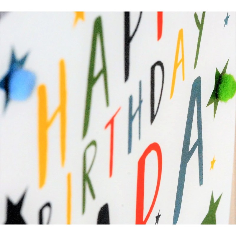 Birthday Card, Stars, Happy Birthday, Papa, Embellished with Colourful Pompoms