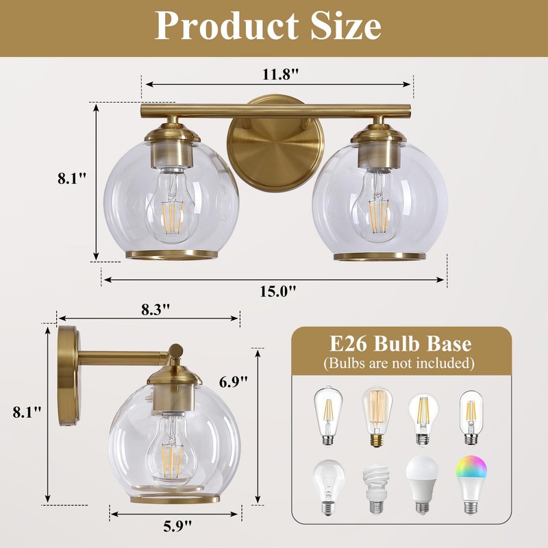 Mecgirn Brushed Gold Bathroom Vanity Light Over Mirror, 2 Light