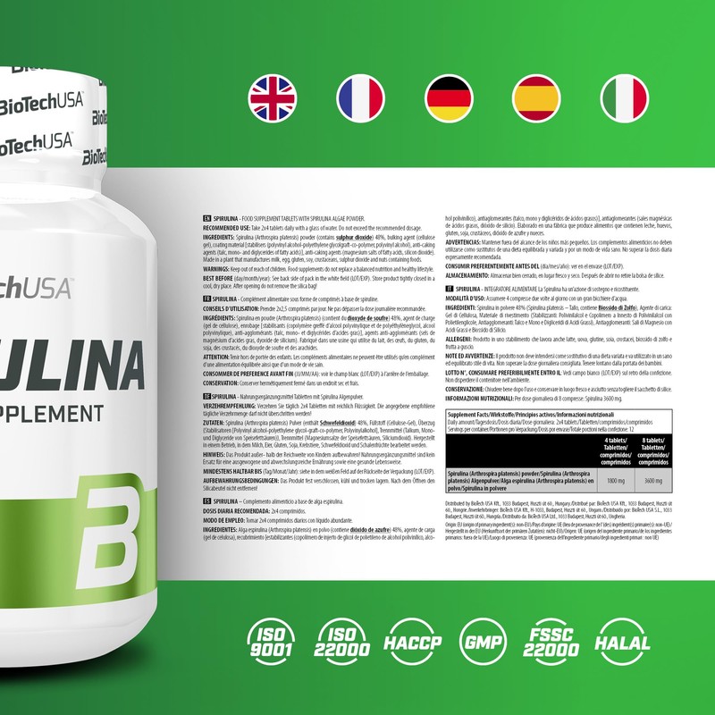BioTechUSA Spirulina Dietary Supplement Tablets with Spirulina Algae Powder, 100