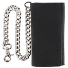 F&L CLASSIC RFID Blocking Mens Tri-fold Long Style Cowhide Leather Steel Chain Wallet,buffalo premium black leather,212-60