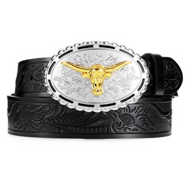 WERFORU Western Belts Cowboy Cowgirl Belt for Men Woman, Embossed Western Country Bull Buckle Leather Belts for Jeans (43"：Fit Waist Size 34"-37", A-black)