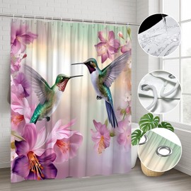 YOZSLGU Hummingbird Floral Shower Curtain Watercolor Pink Purple Flowers Birds Rustic Garden Spring Fabric Bathroom Decor Curtains Set with Hooks, 70" Wx70 H