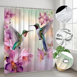 YOZSLGU Hummingbird Floral Shower Curtain Watercolor Pink Purple Flowers Birds Rustic Garden Spring Fabric Bathroom Decor Curtains Set with Hooks, 70" Wx70 H