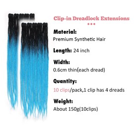 24 Inch Clip in Dreadlock Hair Extensions 10Clips 40 Strands Synthetic Handmade Soft Clip In Dreads Extensions for Women,1B/Blue
