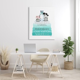 Stupell Industries Glam Fashion Cosmetics Soft Roses Blue Bookstack, Designed by Amanda Greenwood Canvas Wall Art, 36 x 48
