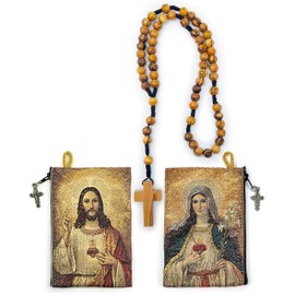 Rosary Pouch with Olive Wood Catholic Rope Rosary from Israel, Sacred Heart of Jesus & Immaculate Heart of Mary Woven Fabric Tapestry Style Icon Travel Bag, Religious Catholic Gift Set