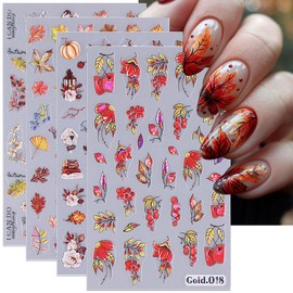 Fall Nail Art Stickers Decals Autumn Maple Leaf Nail Decals 4PCS 3D Laser Flower Squirrel Bird Fall Nail Design Manicure Supplies 5D Engraved Fall Sticker for Thanksgiving Day DIY Nail Art Decorations