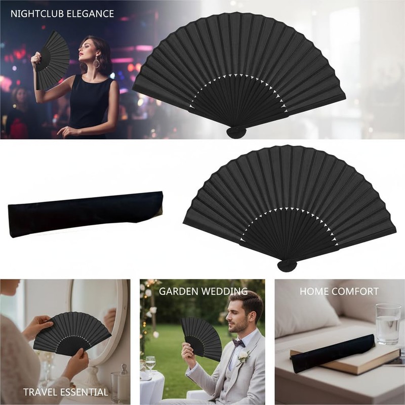 CBMZHF Black Silk Fabric Hand Fans, Chinese Fan, Folding Hand
