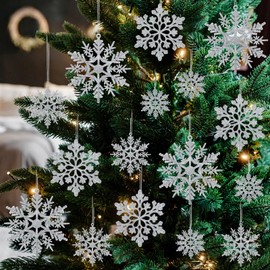 Eokeanon 48 PCS Plastic Christmas Glitter Snowflake Ornaments Christmas Tree Decorations, Plastic Silver Snowflake Ornaments for Winter Wonderland Christmas Party Decor