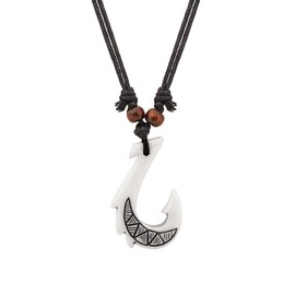 HAQUIL Fish Hook Necklace, Maori Tribal Hawaiian White Fish Hook Pendant, Black Waxed Cord, Hawaiian Jewelry Gift