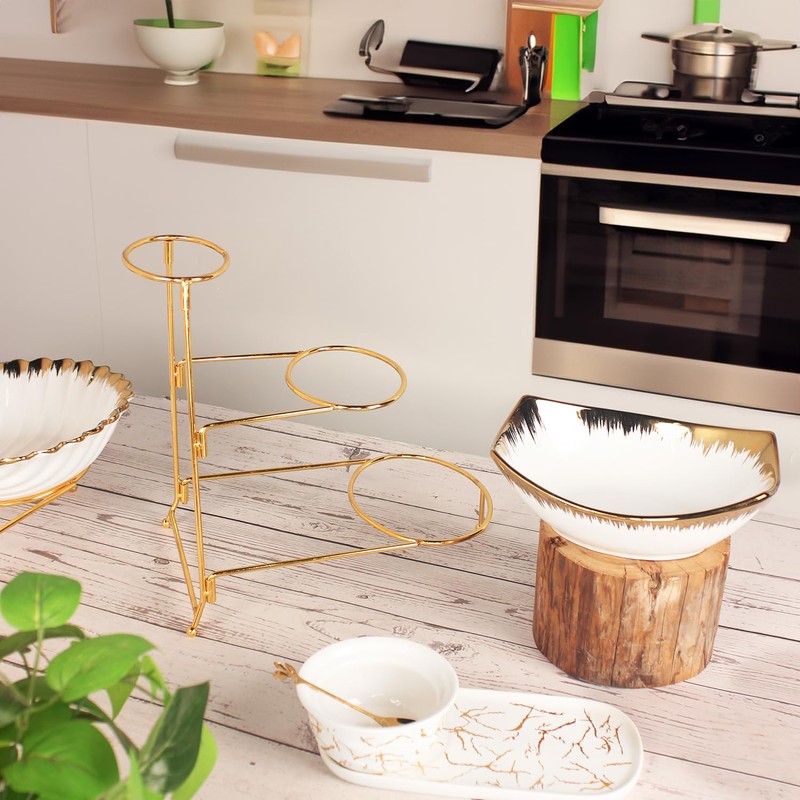 The LIUYWYHCF Three-Tier Ceramic Bowl Rack Features a Foldable Gold