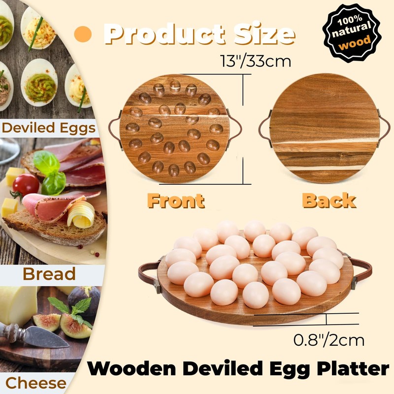 Hiceeden Acacia Wood Deviled Egg Platter with Handles for Easter,