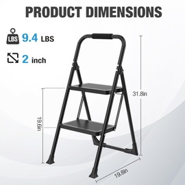 HBTower 2 Step Ladder, Step Stool for Adults,2 Step Ladder Folding Step Stool with Cushioned Handle,330 lbs Capacity,2 Step Ladder with Wide Anti-Slip Pedal Ergonomic Design