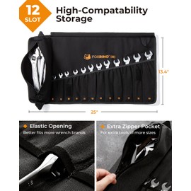 Foxrino Wrench Roll, Wrench Roll Up Pouch, 12-Pocket Heavy Duty Canvas Wrench Organizer Bag for Metric Combination Wrenches, Portable Tool Roll Bag, Gifts for Men for Christmas (Black, 12+1 Metric)
