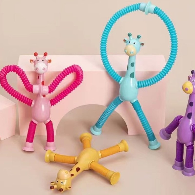 4Pcs Giraffe Tube Toy Telescopic Suction Cup Tube Giraffe Toy