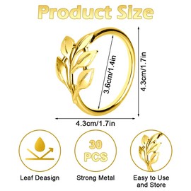 FHUIEWRY 30 Pcs Leaf Napkin Rings，Metal Leaf Napkin Ring Set, Gold Napkin Ring Holders Buckles for Wedding,Thanksgiving, Christmas, Autumn Easter,Dinner, Party (30pc Gold)