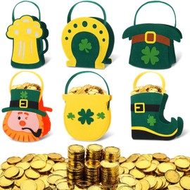 Gemscream 156 Pcs St. Patrick's Day Felt Bags Set 6 Pot of Gold Candy Coins Holder Horseshoe Dwarf Pots Clover Felt Bag with Handle 150 Gold Shamrock Coins for Irish Party Decor