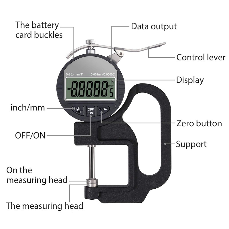 Neoteck Digital Thickness Gauge 1 inch/25.4mm, 0.00005"/ 0.001mm, Thickness Meter