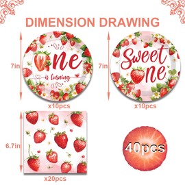 Generic 40Pcs Sweet One Strawberry Birthday Party Supplies - 20 Guests, Red Strawberry Plates & Napkins for Baby Shower or Birthday Party Decorations