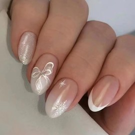 ANDGING Ombre White Press on Nails Almond Short Medium Fantasy Bow Snowflake Glue on Nails for Women Fake Nails with Glitter Designs Acrylic Stick on Nails Manicure Artificial False Nails for Wedding