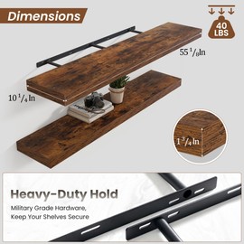 55 Inch Floating Shelves for Wall,Large Rustic Brown Wall Shelf with Heavy Duty Brackets,Deep Wall Mounted Storage & Display Shelves for Bedroom,Living Room,Kitchen,Office,Set of 2