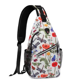 MOSISO Crossbody Sling Backpack, Portable Travel Hiking Daypack Chest Sling Bag Casual Daypack One Strap Chest Backpack for Women Men Outdoor Hiking Travel, Insects & Flowers